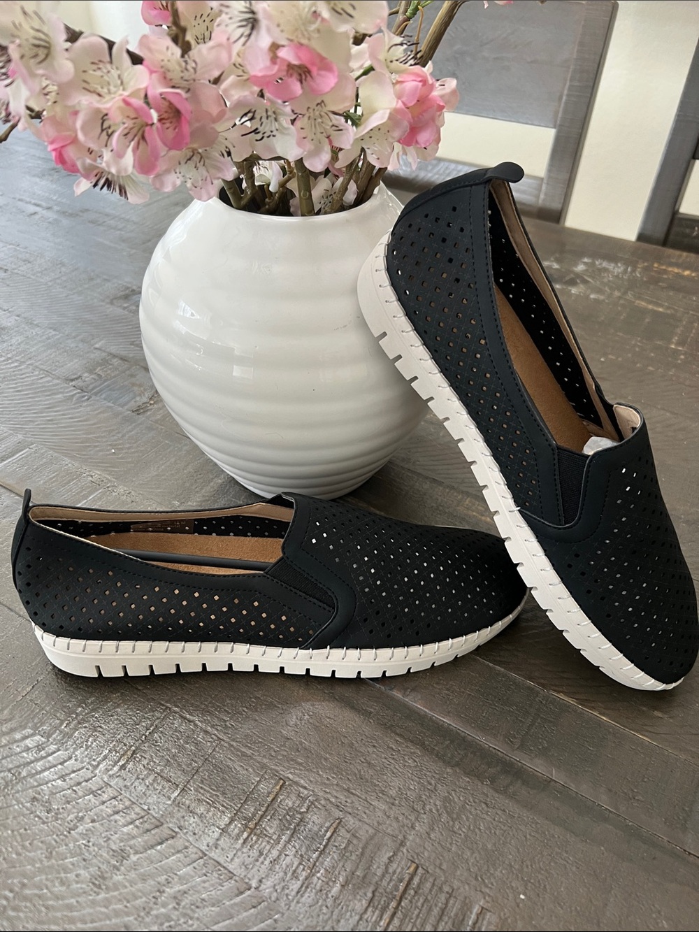 easy street Black Perforated Slip-On Flats with White Sole